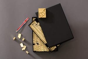 Brass type set with lettering for personalising products