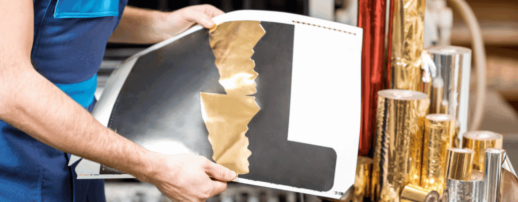 Operator using hot foil printing machine to apply metallic foil on packaging material