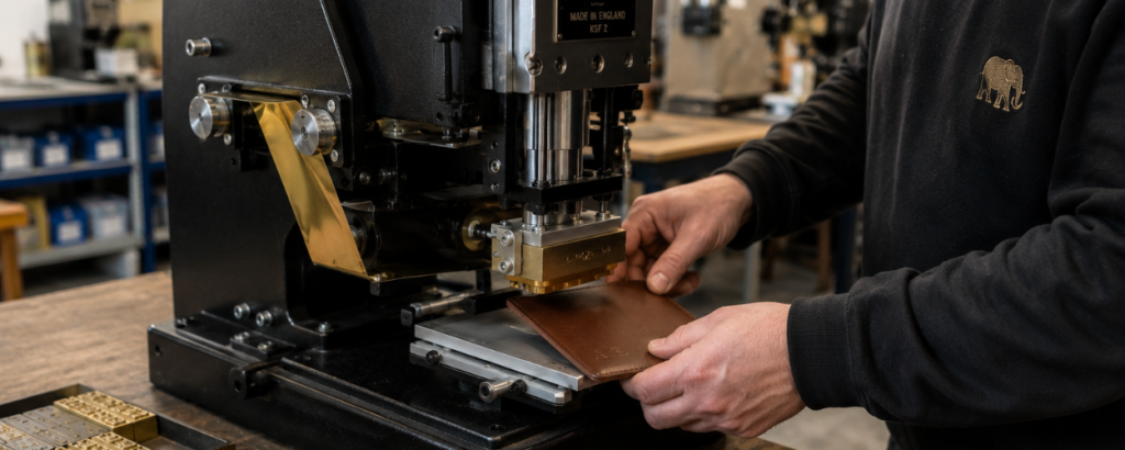 Operator using a hot foil stamping machine to personalise leather goods in a workshop