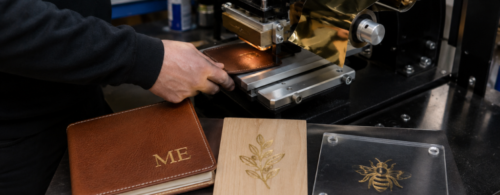 Hot foil stamping machine applying metallic foil to leather, wood and plastic samples in a workshop