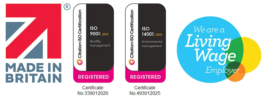 Made in Britain and accreditation badges including ISO 9001:2015