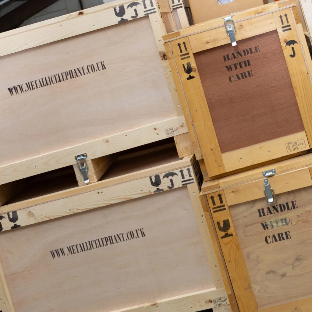 Branded crates from the Metallic Elephant workshop